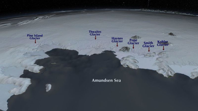Bird’s eye view of the Amundsen sea embayment, where major glaciers of the West Antarctic ice sheet empty into the ocean. Pope, Smith, and Kohler glaciers were the focus of this study. Image: NASA/GSFC/SVS
